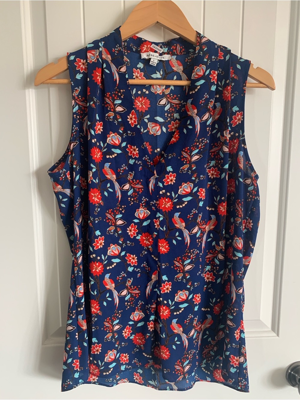 Rose & Olive Navy Sleeveless V-Neck Top with Red Floral/Bird large feminine
